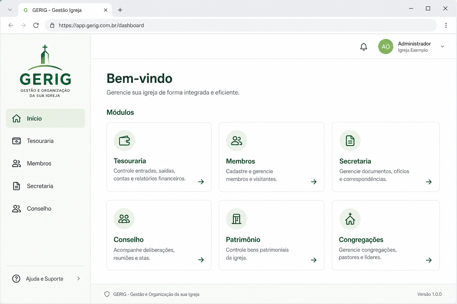 Tela inicial do GERIG com menu lateral e atalhos dos módulos